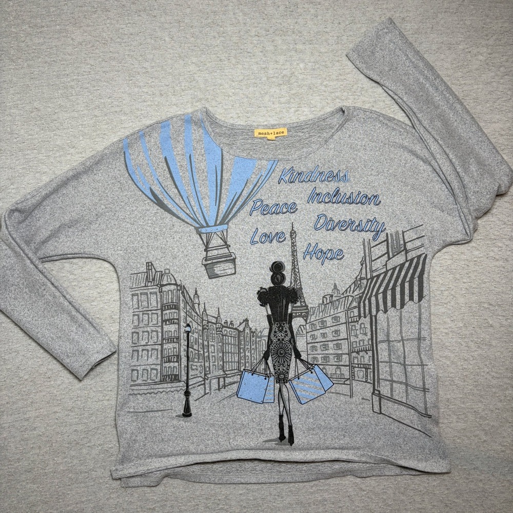 Mesh+Lace Women Top Large Gray Paris Graphic Rhinestone Kindness Peace Love Hope